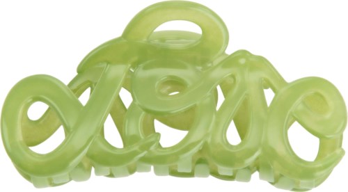 Ett grönt, glänsande, plastdekoration som stavas 'love' i kursiv stil, med ett hålrumdesign.