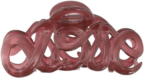 A glass sculpture spells out the word 'love' in pink, with smooth curves and a shiny surface.