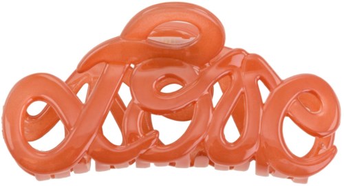 A coral-colored, glossy word "love" with a flowing, cursive style and connected letters.