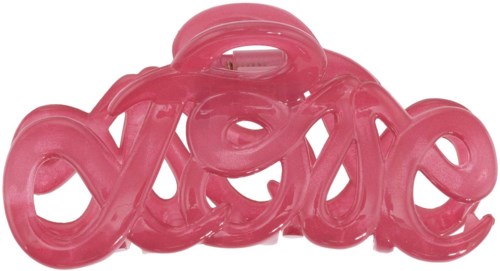 A pink hair clip shaped like the word "love" in cursive.