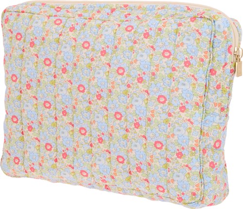 A soft, floral-patterned fabric bag with pastel colors and a zipper closure.