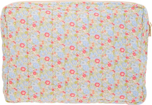 A pillow with a colorful floral pattern in pink, blue, yellow, and green. It has rounded edges and a soft appearance.