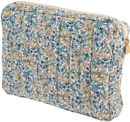 Floral-patterned fabric case with a gold zipper and small logo on the side.