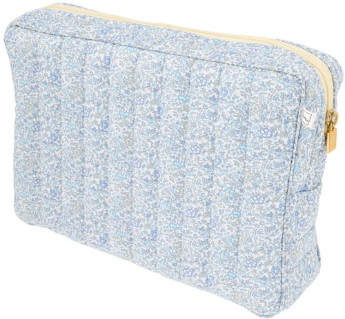 A light blue floral fabric zippered bag with multiple compartments and a gold zipper pull.