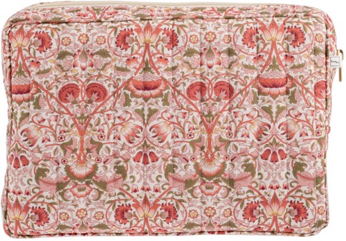A pink and beige floral design on a padded, rectangular fabric cover with a zipper on the top edge.