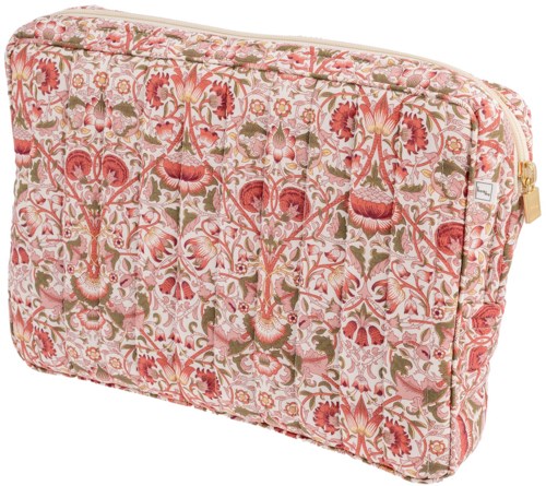 A soft pink floral patterned zippered bag with various flower designs and intertwined winding stems.