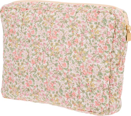 A floral quilted pouch with pink, yellow, and green flowers on light fabric.
