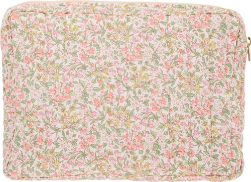 A floral patterned cushion with pink, yellow, and green flowers on a light background. Rounded edges and soft fabric.