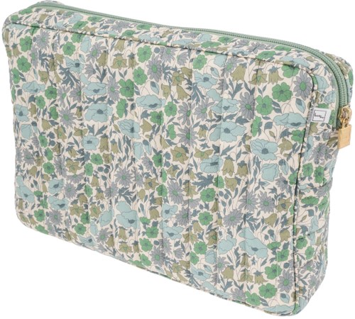 A rectangular bag with a floral pattern in green, blue, and grey, zippered on top, and small logo on the side.
