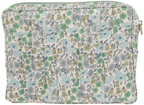 A fabric case with a floral pattern in pastel colors, mainly blue, green, and gray, with a zipper on top.