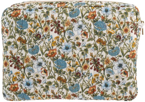 A floral patterned fabric with various colorful flowers and green leaves, appears to be a padded cover or cushion.