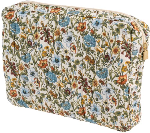 A floral-patterned padded case with a zipper, featuring blue, orange, yellow, and green flowers and leaves.