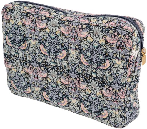 A fabric zippered pouch with a floral and bird pattern in soft pastel colors on a dark background.
