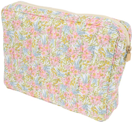 A floral quilted bag with pink, yellow, and green flowers, and a gold zipper.