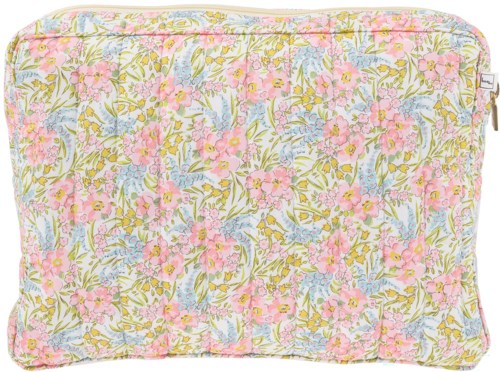 A floral-patterned fabric pouch with pink, green, and blue colors, and a zipper at the top.