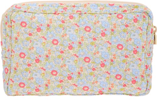 A soft fabric case with a colorful flower pattern and a zipper on top.