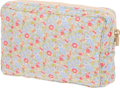 A rectangular pouch with a colorful floral pattern, zipper on top, and a small lock on the side.