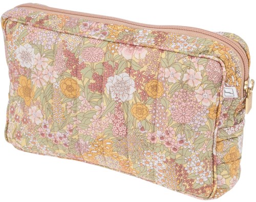 En mjuk väska med blommönster, gul, rosa, lila och gröna färger och flera fack.