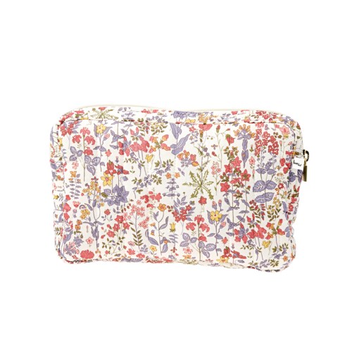 A floral patterned cosmetic bag with a zipper, featuring pink, purple, yellow, and green colors.
