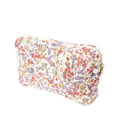 A floral-patterned makeup bag with a zipper, decorated with colorful small flowers on a white background.