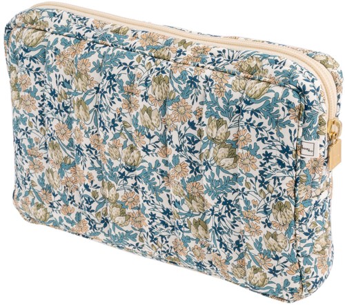A rectangular fabric case with a floral design in blue, green, and beige, equipped with a zipper and a small tag.