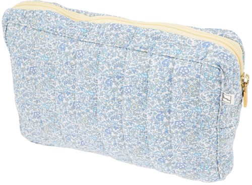 A light blue floral bag with a yellow zipper and multiple pockets, made of soft fabric.