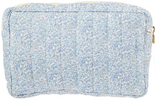 A soft, padded bag with a blue and white floral pattern and a small zipper on the side.