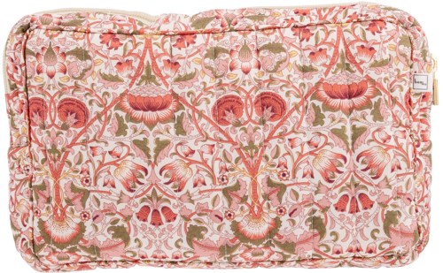 A pink floral patterned bag with fabric handles and multiple zippered compartments.