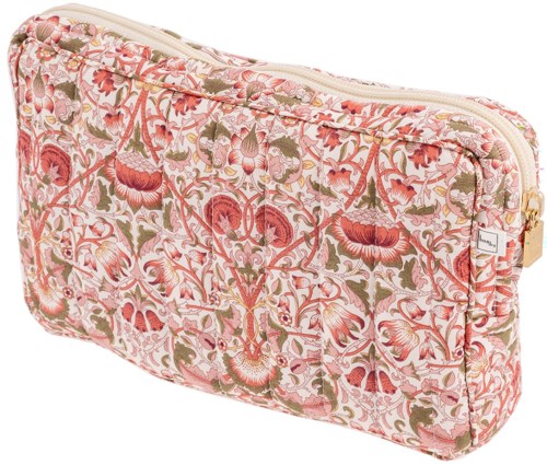 A floral bag with pink, red, and green patterns, and a zipper on top.