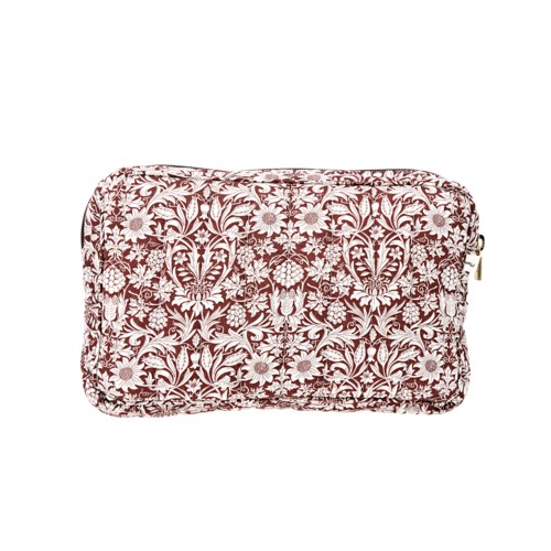 A zippered pouch with a floral pattern in white and maroon colors.