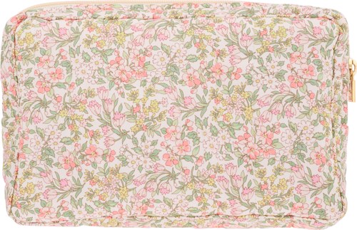 A floral patterned mattress with pink, yellow, and green flowers on a white background.