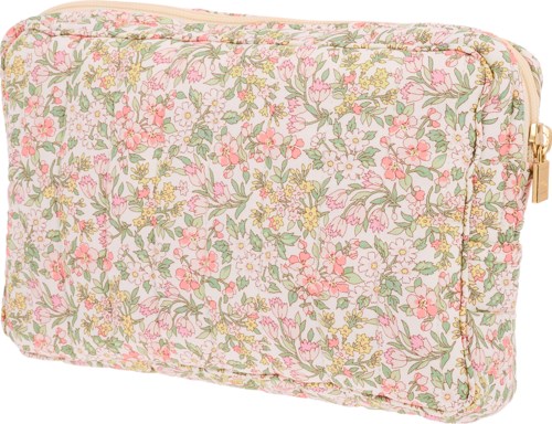 A floral patterned pouch with pink, green, and yellow flowers, and a zipper on the side.