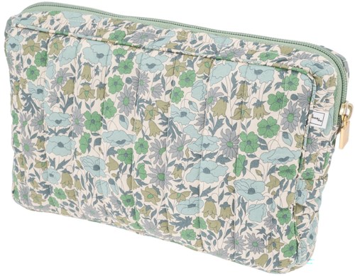 A floral-patterned zippered bag with green, blue, and beige colors, designed for carrying items.
