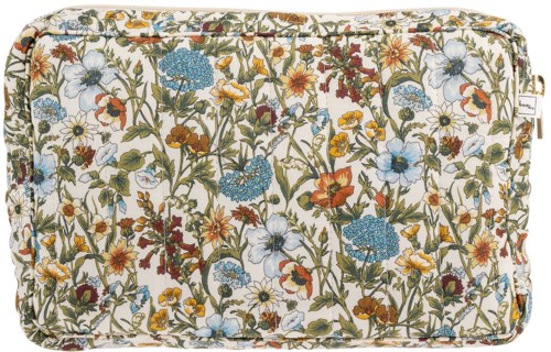 A rectangular cushion with colorful floral patterns on a white background.