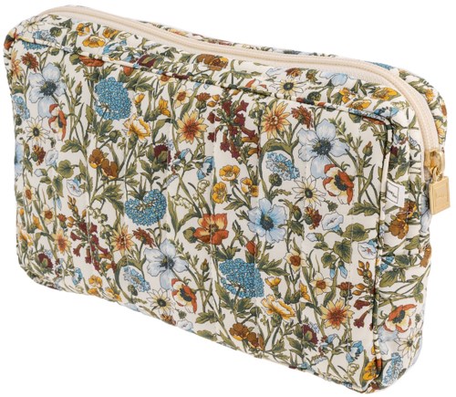 Floral patterned fabric bag with a zipper, beige background, colorful flowers, and green vines.