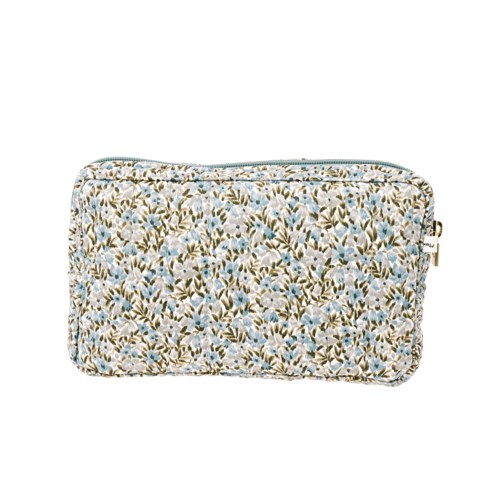 A floral patterned zippered pouch with small blue and beige flowers and green leaves.