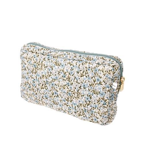 A rectangular makeup bag with a floral pattern in blue, beige, and white, with a zipper closure on top.