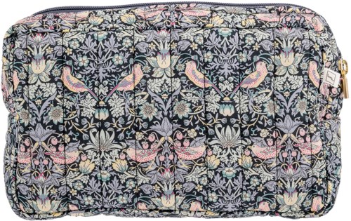 Colorful floral and bird pattern on fabric bag with zipper and multiple compartments.