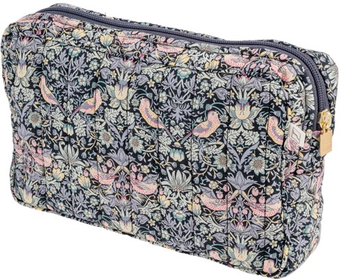 A floral-patterned zippered bag with birds and intricate flower designs in pastel colors on a dark background.