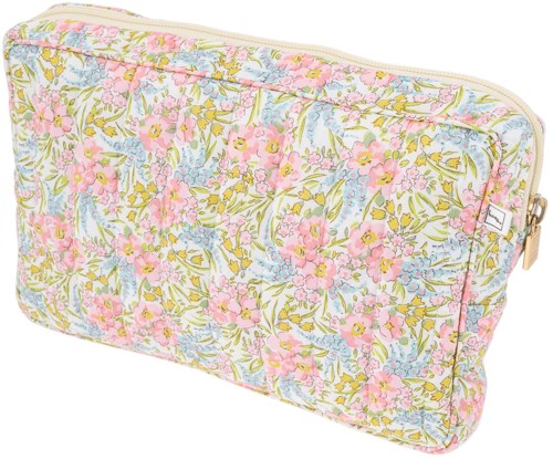 A floral pattern bag with pink, yellow, and blue flowers, zipper closure, and a small side label.