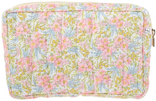 Canvas with pink flowers and green leaves, decorated with blue hummingbirds, in soft pastel colors.