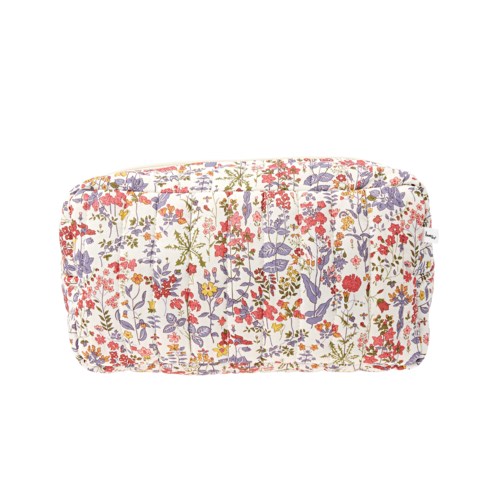 A soft fabric pouch with colorful floral pattern, used for storing cosmetics or skincare products.