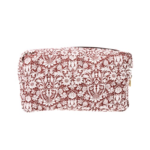 A floral patterned makeup bag with pink and white flowers and leaves, rectangular shape, zipped closure.