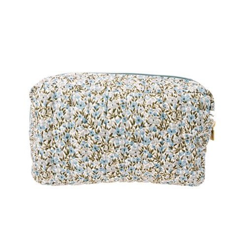 A floral patterned cosmetic bag with a zipper, featuring small white and blue flowers on a beige background.