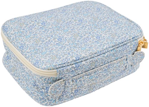 Soft travel case with a blue and white floral pattern, zipper closure, and small handle. Suitable for organization.