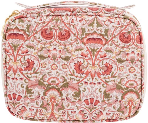 A floral, pink, and beige patterned bag with a zipper, featuring intricate, colorful designs of flowers and leaves.