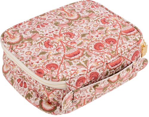 A pink floral-patterned soft bag with a zipper and a handle, designed for storage or travel purposes.