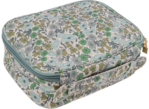A rectangular case with a floral pattern, zipper closure, and a small handle for carrying.