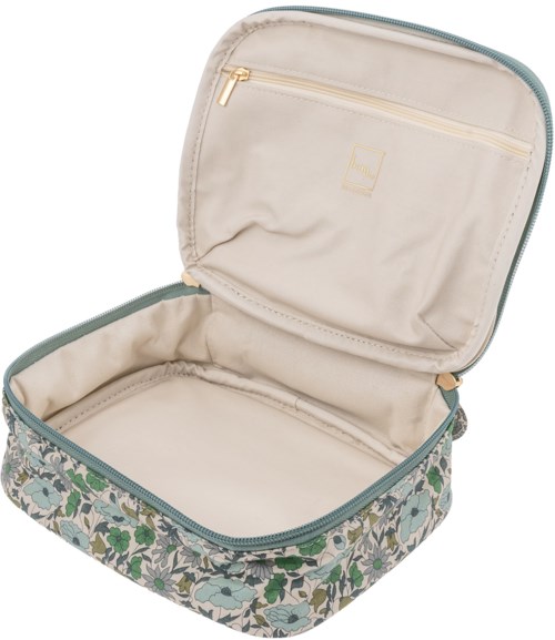 A floral patterned travel case with a zipper, open to show a beige interior with a small zip pocket.