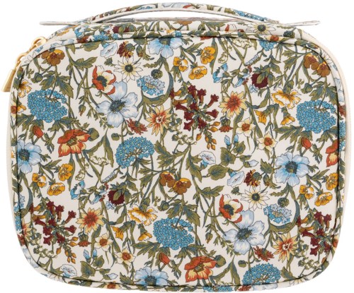 A floral patterned bag with a variety of colorful flowers and green leaves on a light background.